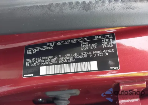 2012 Volvo S60 T5 z USA, uszkodzony, nr VIN YV1622FSXC2037620